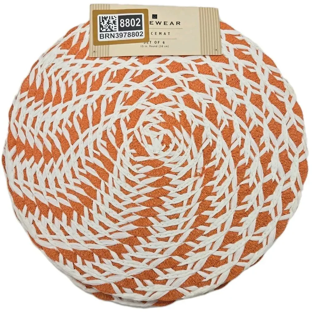 Orange White Spiral Homeware Woven Placemats 15” Round Set Of 6 100% Paper NEW!